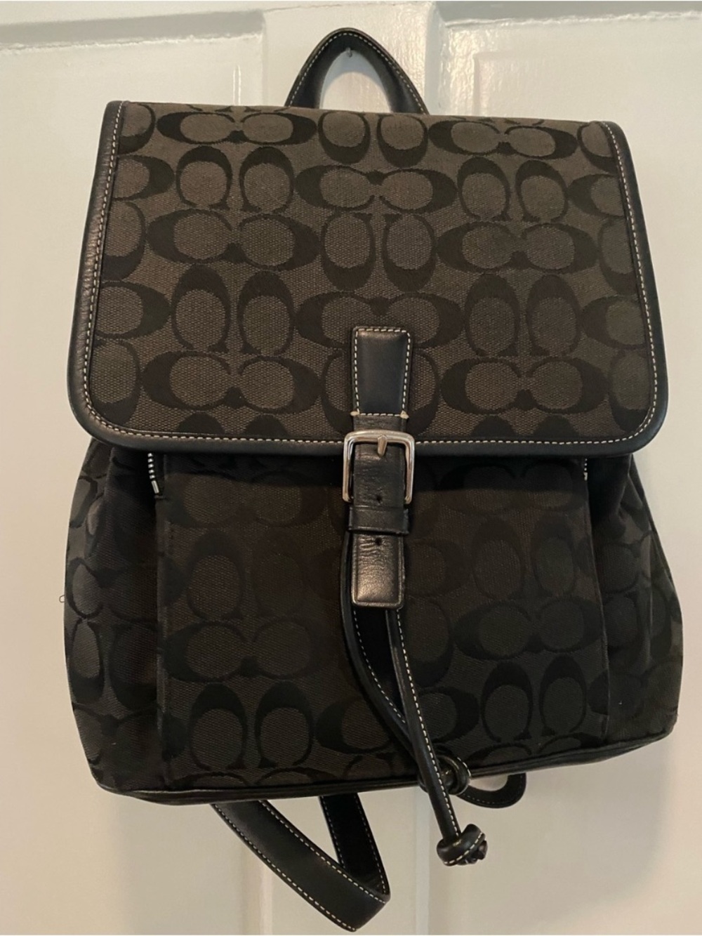 Coach Black Signature Monogram Canvas Backpack with Leather Trim
